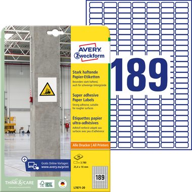 AVERY Zweckform, AVERY ZWECKFORM Etiketten Univ. 25.4x10mm L7871-20 weiss, stark haftend 20 Blatt