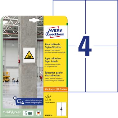 AVERY Zweckform, AVERY ZWECKFORM Etiketten Universal 105x148mm L7876-20 weiss, stark haftend 20 Blatt