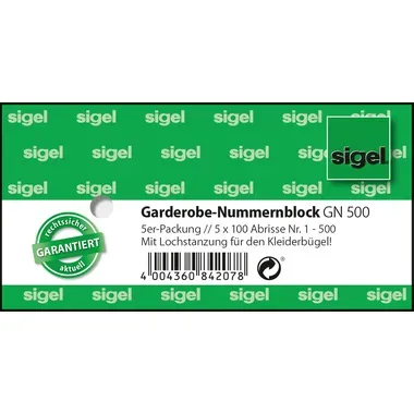 Sigel, SIGEL Garderobe-Nummernblock GN500 num.1-500,2fbg,sort,5x100 BL