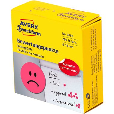 AVERY Zweckform, AVERY ZWECKFORM Bewertungspunkte Gesicht 19mm 3859 rot, Spender 250 St&uuml;ck