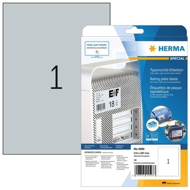 HERMA Typenschild-Etik. 210x297mm 4593 silber,PP matt 10 Stk./10 Bl.