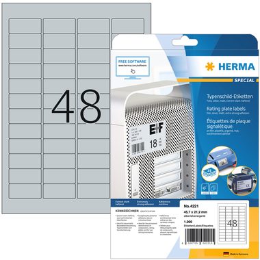 HERMA, HERMA Etiketten SPECIAL 45.7x21.2mm 4221 silber,ex.per. 1200 St./25 Bl.