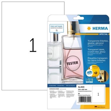 HERMA, HERMA Etiketten 210x297mm 8020 transparent, 25 Blatt