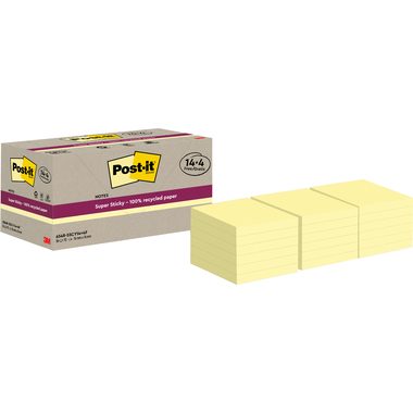 Post-it, POST-IT SuperSticky Notes 76x76mm 654 RSSCY 14+4F Recycling, gelb 18x70 Blatt