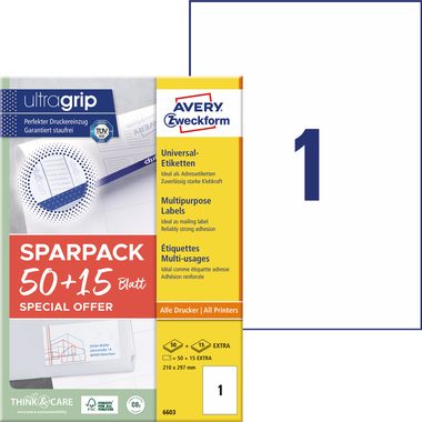 AVERY Zweckform, AVERY ZWECKFORM Universal-Etiketten 210x297mm 6603Z weiss 65 Stk./65 Blatt
