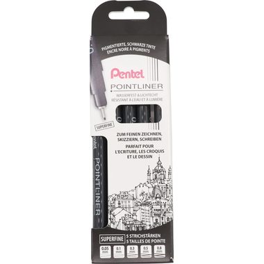 Pentel, PENTEL Fineliner Pigment 5er Set YS20P-5A POINTLINER schwarz superfine