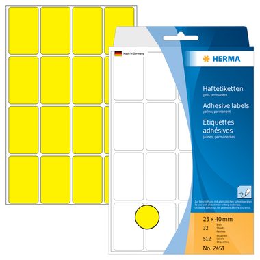 HERMA, HERMA Etiketten 25&times;40mm 2451 gelb 512 St&uuml;ck