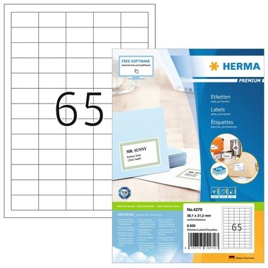 HERMA, HERMA Universal-Etikett. 38,1x21,2mm 4270 weiss 6500 St./100 Blatt