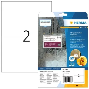 HERMA, Herma 4693 Folien-Etiketten 210 x 148 mm Polyester-Folie Weiß 50 St. Extra stark haftend Laserdrucker, Farblaserdrucker,
