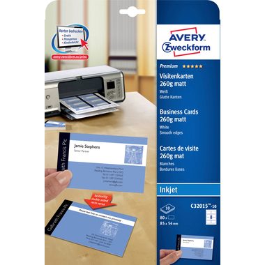 AVERY Zweckform, AVERY ZWECKFORM Visitenkarten 85x54mm C32015-10 weiss, matt, 260g/m2 80 Karten