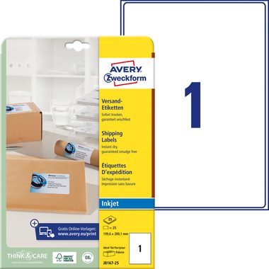 AVERY Zweckform, AVERY ZWECKFORM Adressetiketten 199,6x289,1mm J8167-25 weiss 25 St&uuml;ck