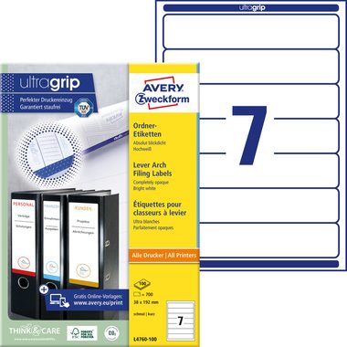 AVERY Zweckform, AVERY ZWECKFORM Ordner-Etiketten 192x38mm L4760-100 weiss 700 St&uuml;ck/100 Blatt