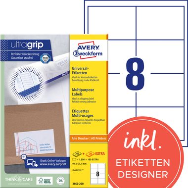 AVERY Zweckform, AVERY ZWECKFORM Etiketten 97&times;67,7mm 3660-200 weiss 1760 Stk./200+20 Blatt