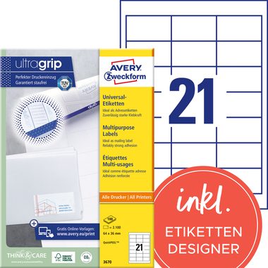 AVERY Zweckform, AVERY ZWECKFORM Etiketten 64x36mm 3670 weiss 2100 Stk./100 Blatt