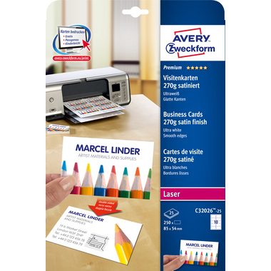 AVERY Zweckform, AVERY ZWECKFORM Visitenkarten 85x54mm/A4 C32026-25 weiss, 270g 250 St&uuml;ck