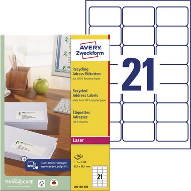 AVERY Zweckform, AVERY ZWECKFORM Adressetiketten 63,5x38,1mm LR7160100 recycling 2100 St&uuml;ck