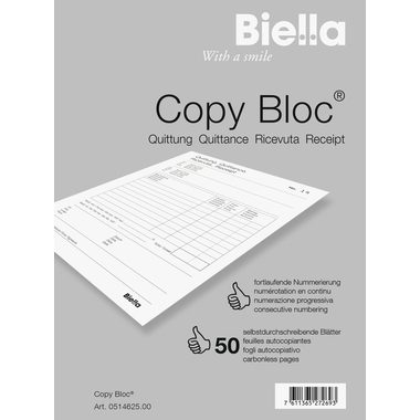 Biella, BIELLA Quittung COPY-BLOC D/F/I/E A6 514625.00 selbstdurchschreib. 50x2 Blatt