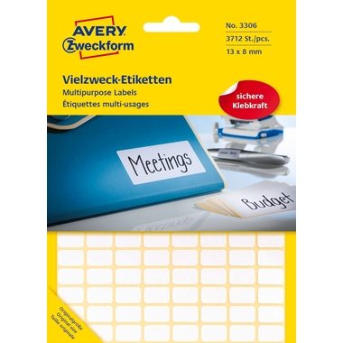 AVERY Zweckform, AVERY ZWECKFORM Universaletiketten 13x8mm 3306 weiss 3712 Stk./29 Bl.
