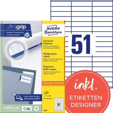 AVERY Zweckform, AVERY ZWECKFORM Universal-Etikett. 70x16,9mm 3420 weiss 5100 Stk./100 Blatt