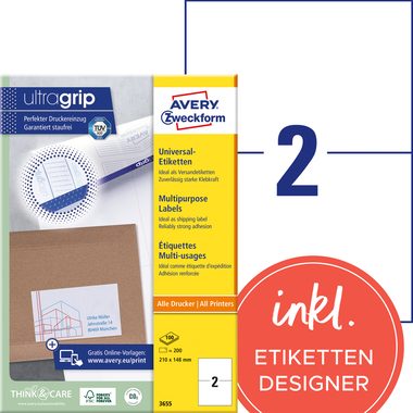 AVERY Zweckform, AVERY ZWECKFORM Etiketten 210x148mm 3655 weiss 200 Stk./100 Blatt