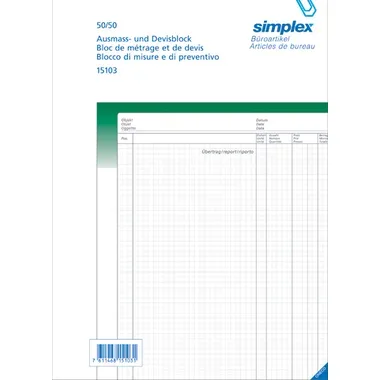 Simplex, SIMPLEX Ausmassbuch A4 15103 gr&uuml;n/weiss 50x2 Blatt