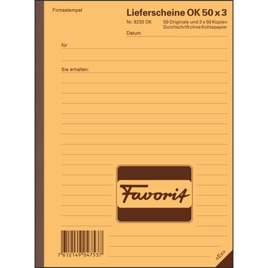 FAVORIT, FAVORIT Lieferscheine D A5 9233 OK rot/gelb/weiss 50x3 Blatt