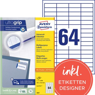 AVERY Zweckform, AVERY ZWECKFORM Universal-Etikett. 48.5x16.9mm 3667 weiss 6400 Stk./100 Blatt