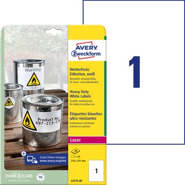 AVERY Zweckform, AVERY ZWECKFORM Laser-Etiketten 210x297mm L4775-20 weiss,wetterfest 20 St./20 Bl.
