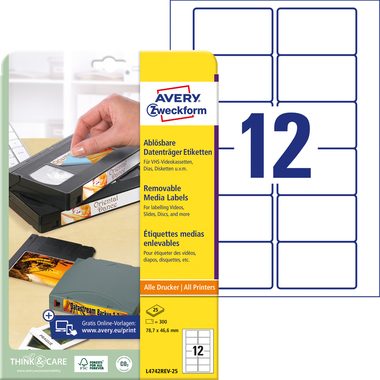 AVERY Zweckform, AVERY ZWECKFORM Video-Etiketten 78,7x46,6mm L4742REV-25 weiss,non-perm. 300Stk./25Bl.