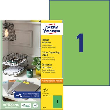 AVERY Zweckform, AVERY ZWECKFORM Etiketten A4 3472 gr&uuml;n 100 St&uuml;ck