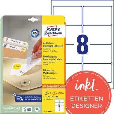 AVERY Zweckform, AVERY ZWECKFORM Universaletiketten 96,0x63,5mm L4745REV-25 weiss 240 Stk./25 + 5 Blatt