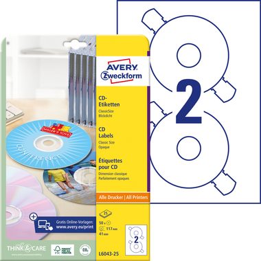 AVERY Zweckform, AVERY ZWECKFORM CD-Etiketten Classic weiss L6043-25 117mm 50 Stk.