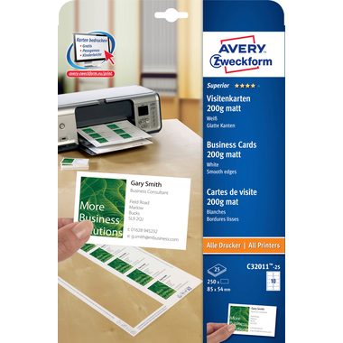 AVERY Zweckform, AVERY ZWECKFORM Visitenkarten matt 85x54mm C32011-25 Univer.200g,weiss 25Bl./10St.
