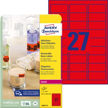 AVERY Zweckform, AVERY ZWECKFORM Etiketten 63,5x29,6mm L6003-25 rot,non-perm. 675 Stk./25 Bl.