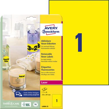 AVERY Zweckform, AVERY ZWECKFORM Etiketten 210x297mm L6006-25 gelb,non-perm. 25 Stk./25 Bl.