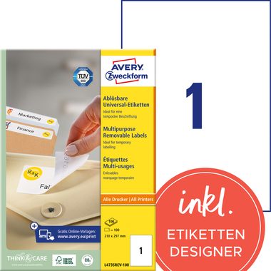 AVERY Zweckform, AVERY Zweckform L4735REV-100 Etiketten DIN A4 Weiß 210 x 297 mm 100 Blatt à 1 Etikett