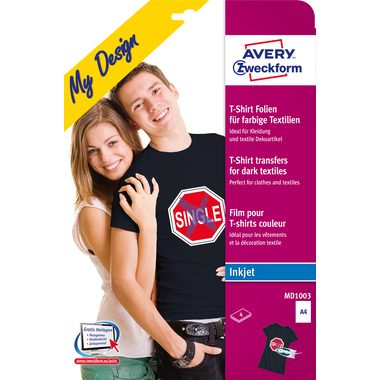 AVERY Zweckform, AVERY ZWECKFORM Textilfolie Iron-on A4 MD1003 Inkjet, farbige Textil. 4 Stk.