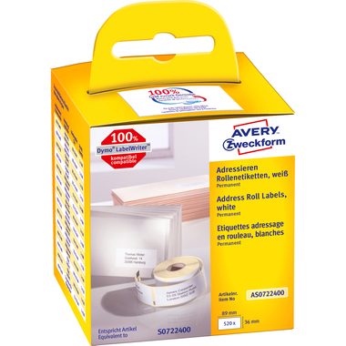 AVERY Zweckform, AVERY ZWECKFORM Adress-Etiketten 89x36mm AS0722400 weiss, Rolle 2x260 St&uuml;ck