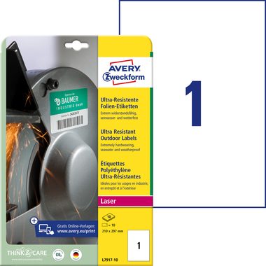 AVERY Zweckform, AVERY ZWECKFORM Etiketten 210x297mm L7917-10 weiss ultra-resistant