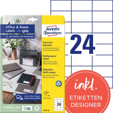 AVERY Zweckform, AVERY ZWECKFORM Universal-Etiketten 70x37mm 3474-10 weiss 240 Stk./10 Blatt