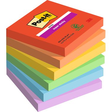 Post-it, POST-IT Super Sticky Playful 76x76mm 654-6SS-PLAY 6-farbig ass./6x90 Blatt