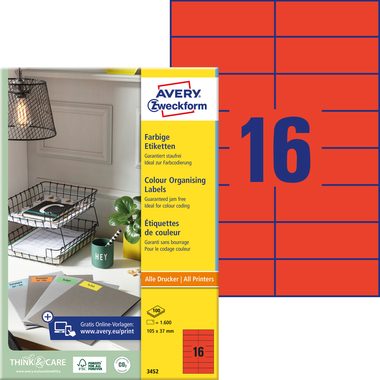 AVERY Zweckform, AVERY ZWECKFORM Etiketten 105&times;37mm 3452 rot 1600 St&uuml;ck