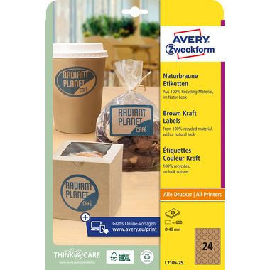 Avery, AVERY Zweckform L7105-25 Etiketten Ø 40 mm Braun 25 Bögen mit 24 Etiketten