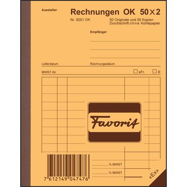 FAVORIT, FAVORIT Formularbuch Rechnungen A6 9201 OK Durchschreibepapier 50x2 Blatt