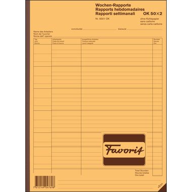 FAVORIT, FAVORIT Wochen-Rapporte D/F/I A4 9301 OK Durchschreibepapier 50x2 Blatt