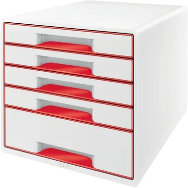 Leitz, LEITZ Schubladenbox WOW Cube A4 5214-20-26 weiss/rot, 5 Schubladen