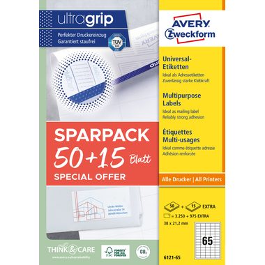 AVERY Zweckform, AVERY ZWECKFORM Universal-Etiketten 38x212mm 6121-65 weiss 50+15 Blatt