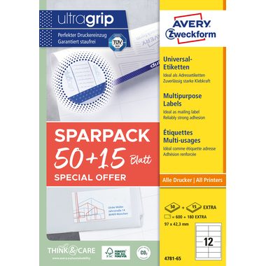 AVERY Zweckform, AVERY ZWECKFORM Universal-Etiketten 97x423mm 4781-65 weiss 50+15 Blatt