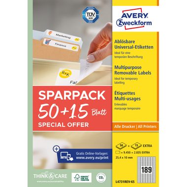 AVERY Zweckform, AVERY ZWECKFORM Universal-Etiketten 254x10mm L4731REV-65 weiss 50+15 Blatt