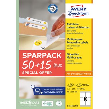 AVERY Zweckform, AVERY ZWECKFORM Universal-Etiketten 96x508mm L4744REV-65 weiss 50+15 Blatt